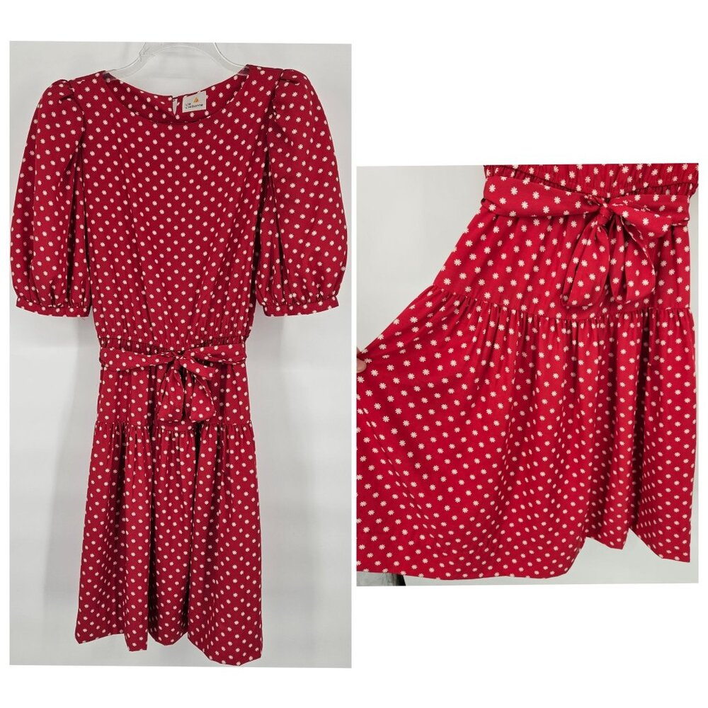 Vint 80s Liz Claiborne Midi Circle Dress 8 Red Polka Dot Full Skirt Puff Sleeve